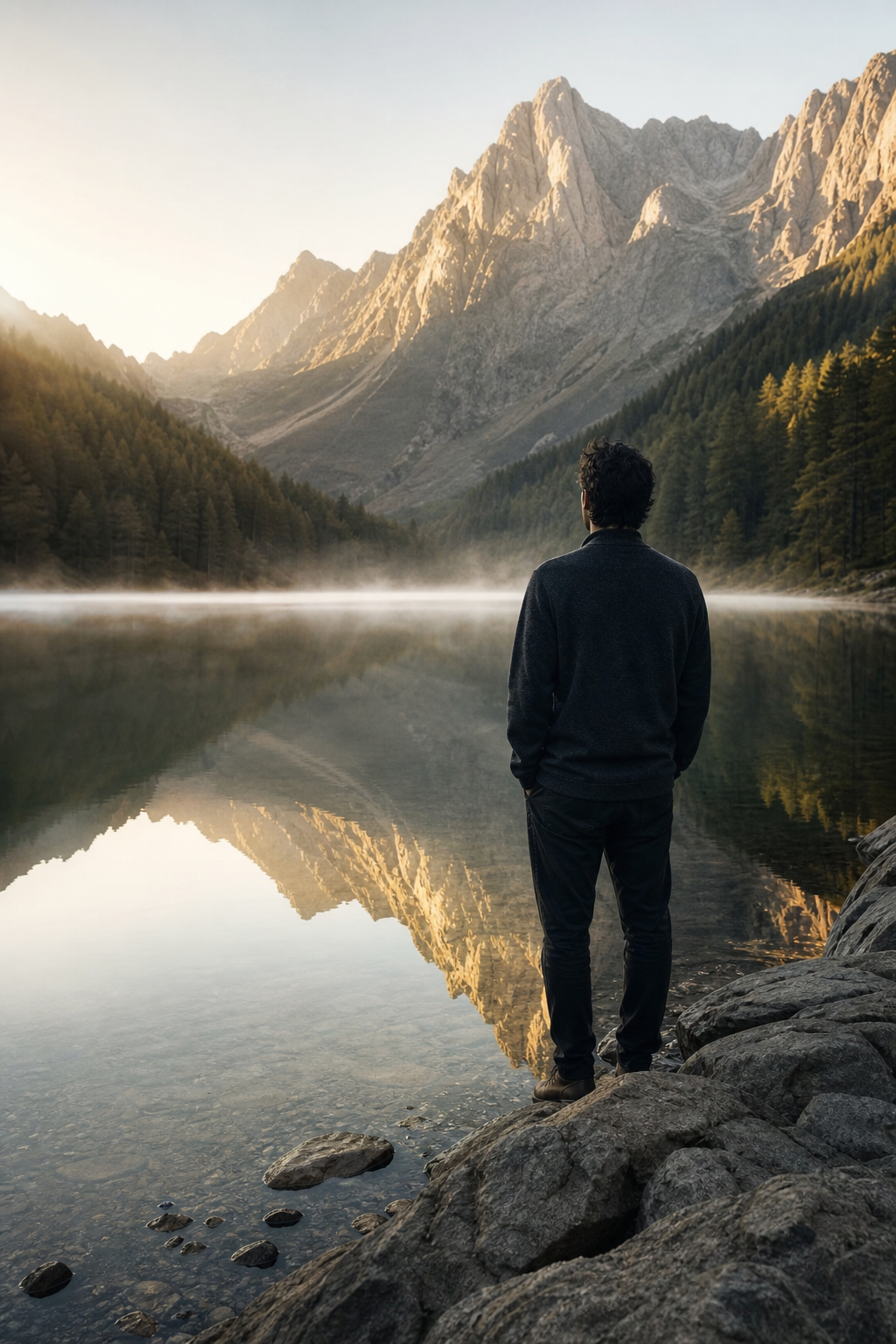 Persona contemplando su reflejo en un lago sereno entre montañas